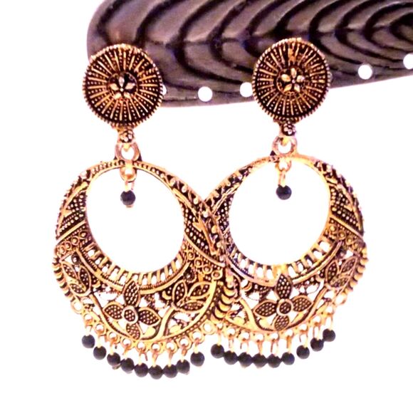 Boho Inspired Gold Tone Black Beaded Drop Hoop Earrings - Picture 2 of 4